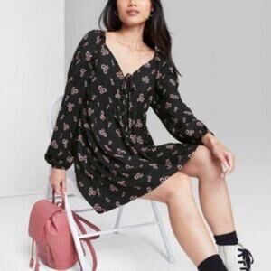 Wild Fable Dark Floral Long Sleeve Tie-Front Muse Dress Size M